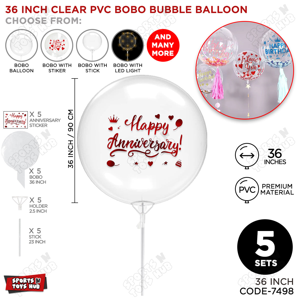 Happy Anniversary Red Color Sticker With Bobo Balloon & Stick