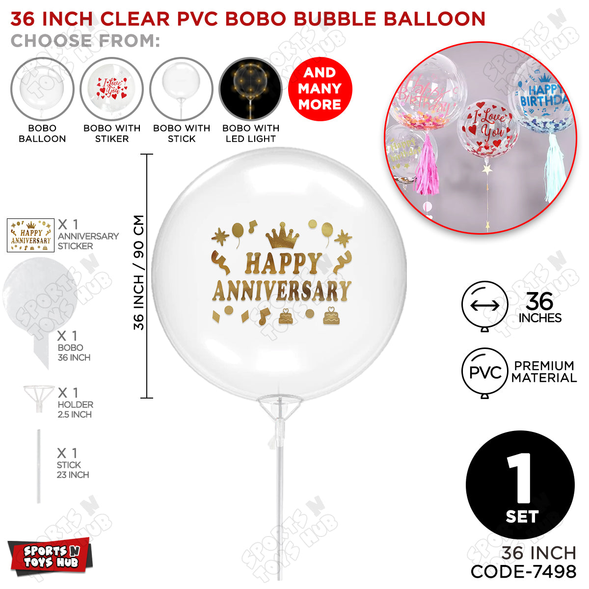 Happy Anniversary Gold Color Sticker With Bobo Balloon & Stick