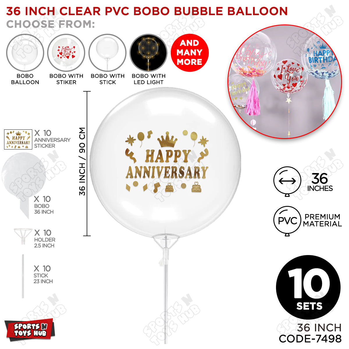 Happy Anniversary Gold Color Sticker With Bobo Balloon & Stick