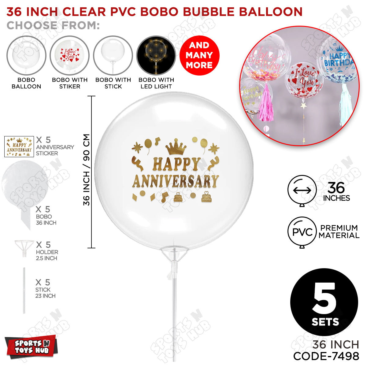 Happy Anniversary Gold Color Sticker With Bobo Balloon & Stick