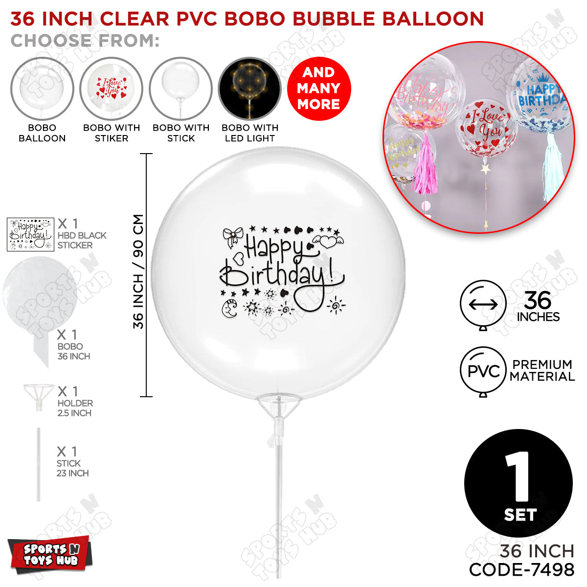 Happy Birthday Black Color Sticker With Bobo Balloon & Stick