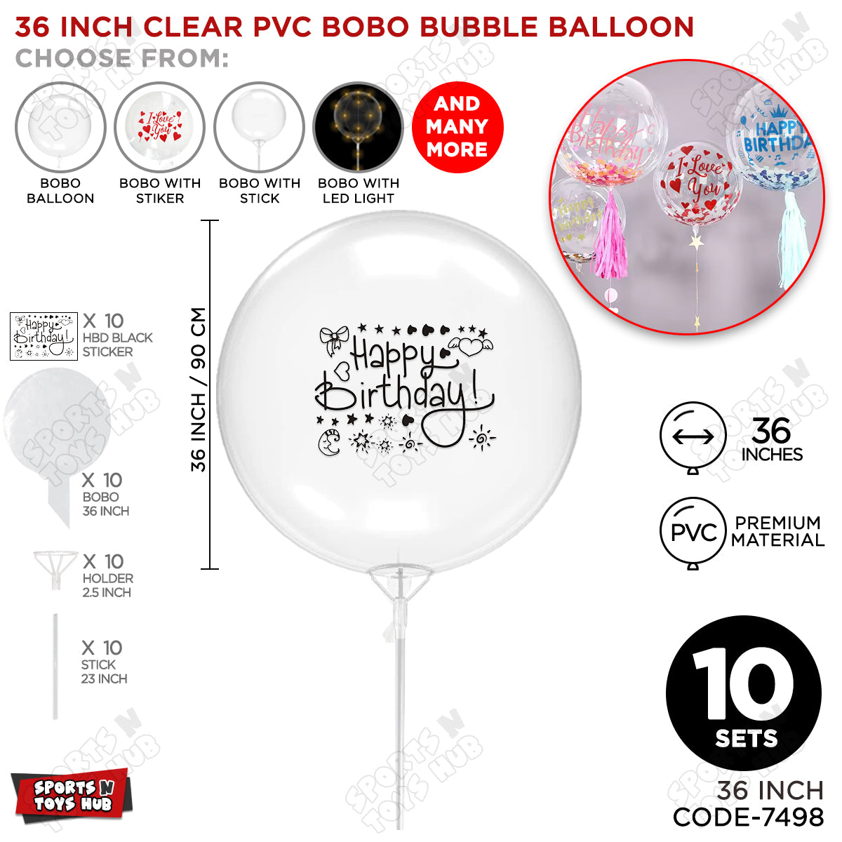 Happy Birthday Black Color Sticker With Bobo Balloon & Stick