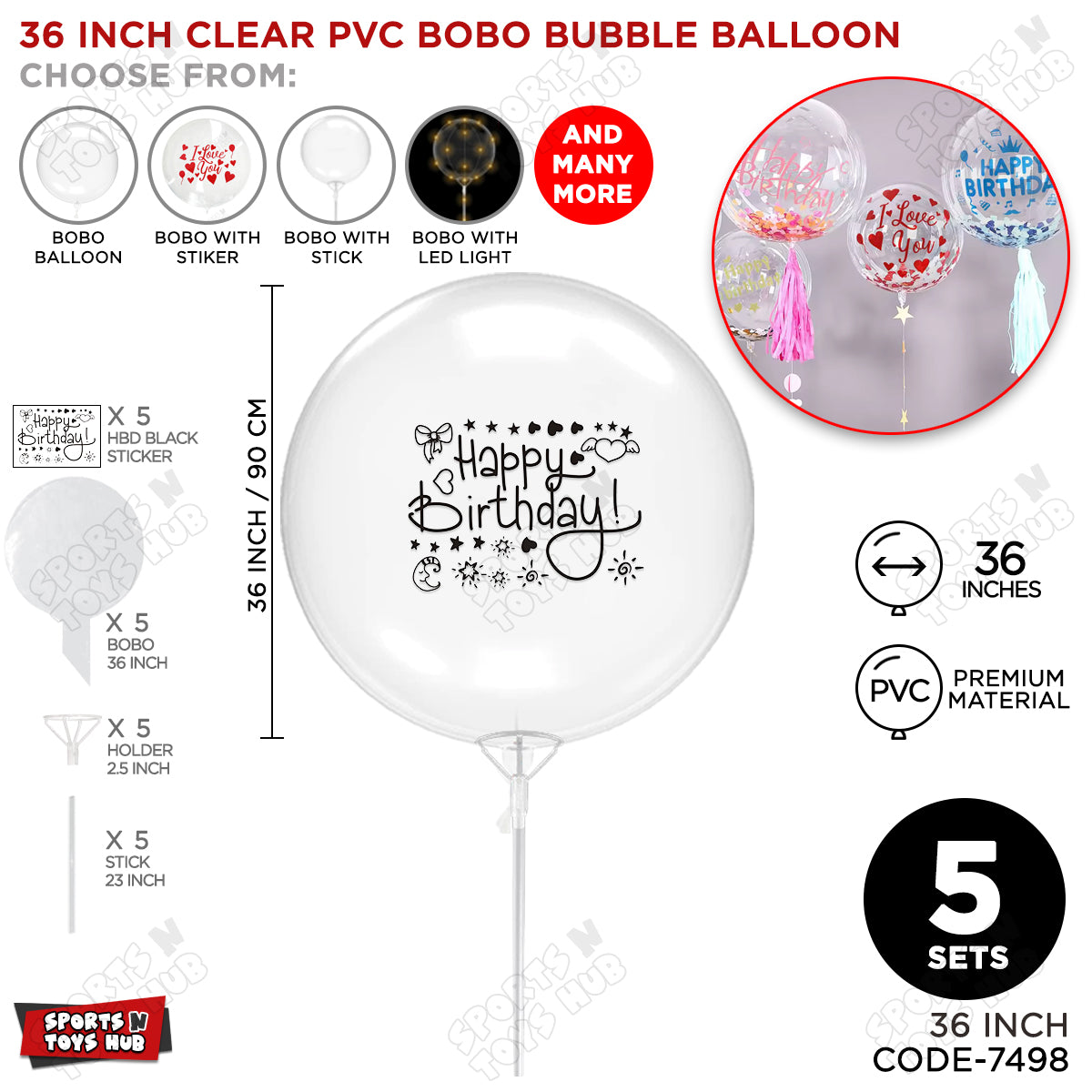 Happy Birthday Black Color Sticker With Bobo Balloon & Stick