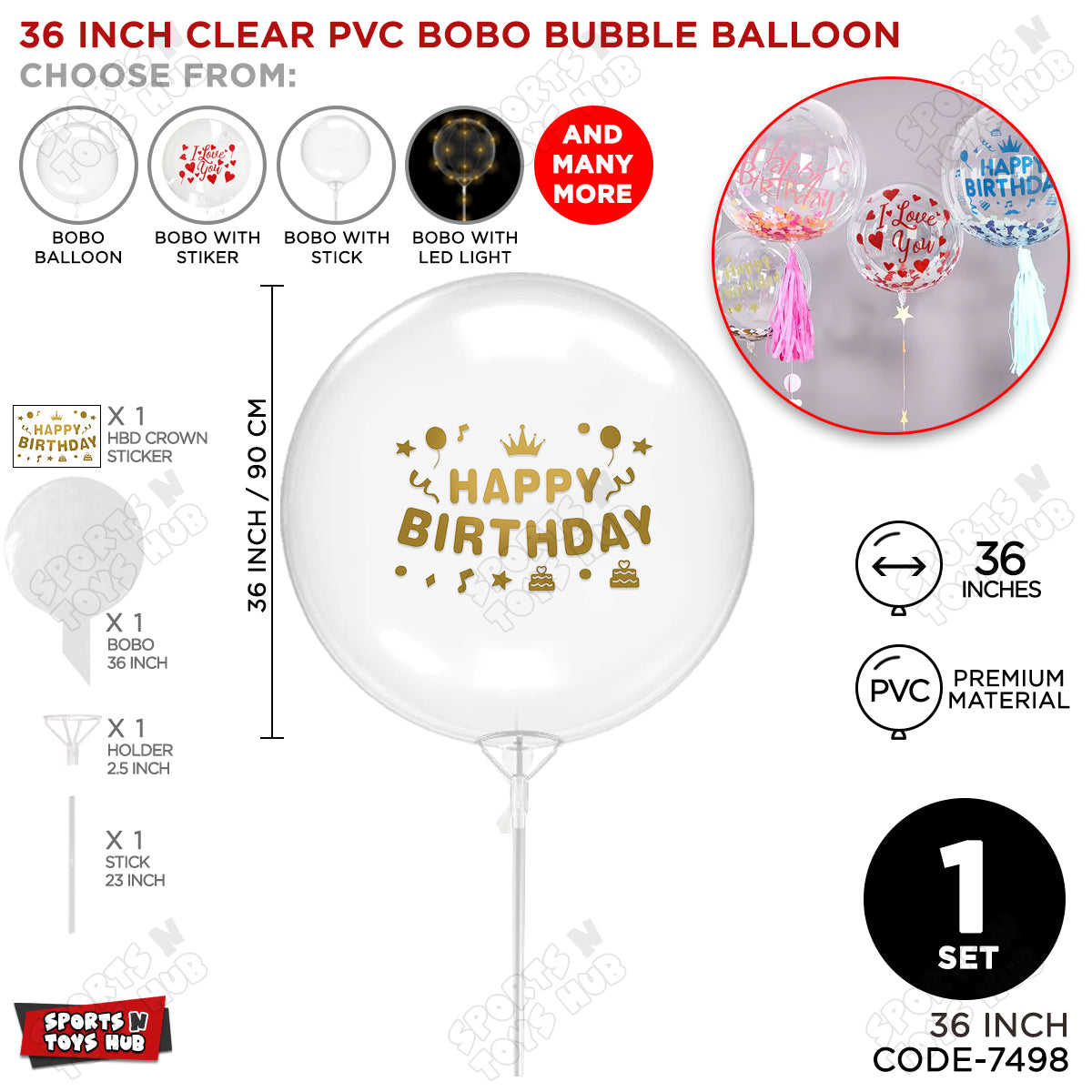Happy Birthday Dull Gold Color Sticker With Bobo Balloon & Stick