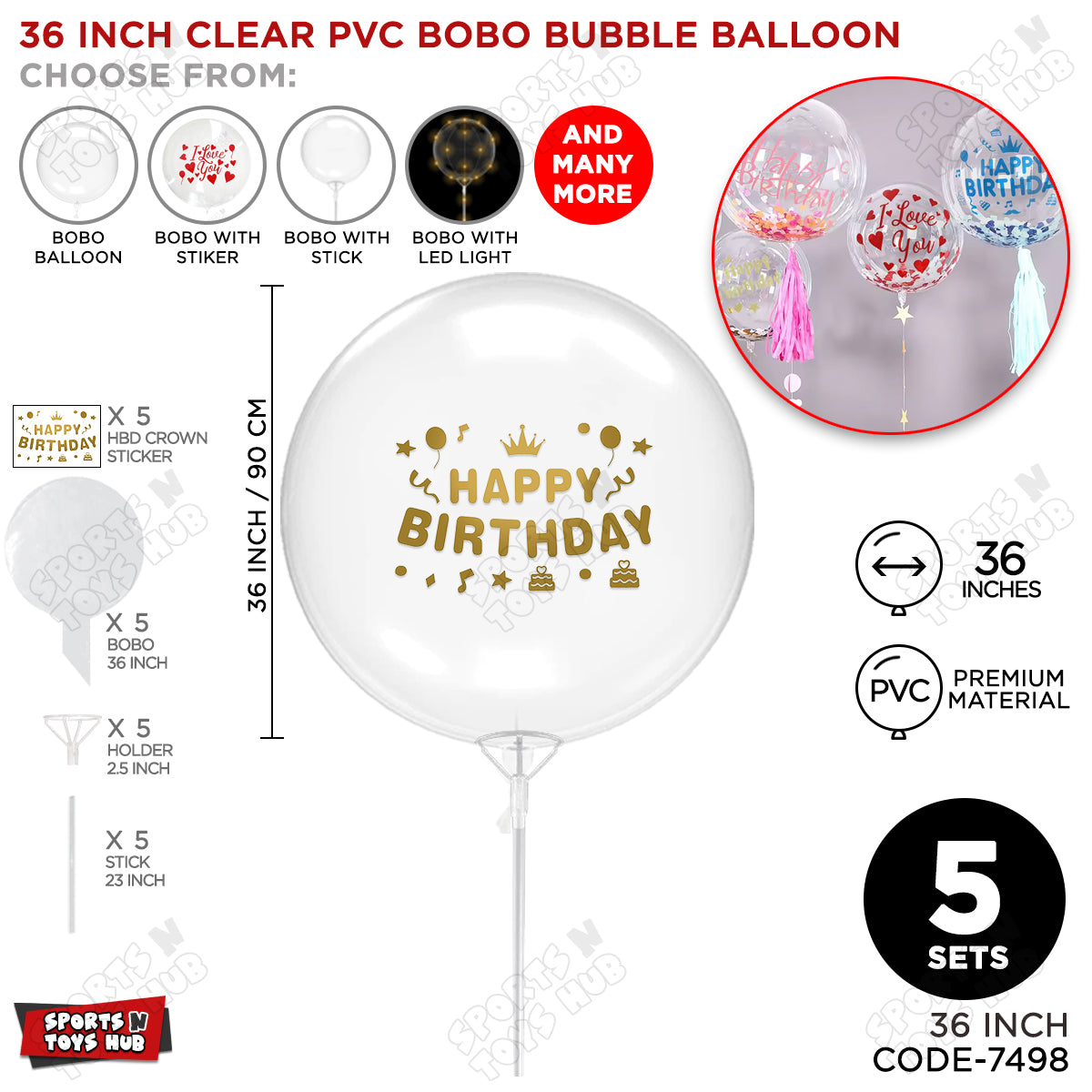 Happy Birthday Dull Gold Color Sticker With Bobo Balloon & Stick