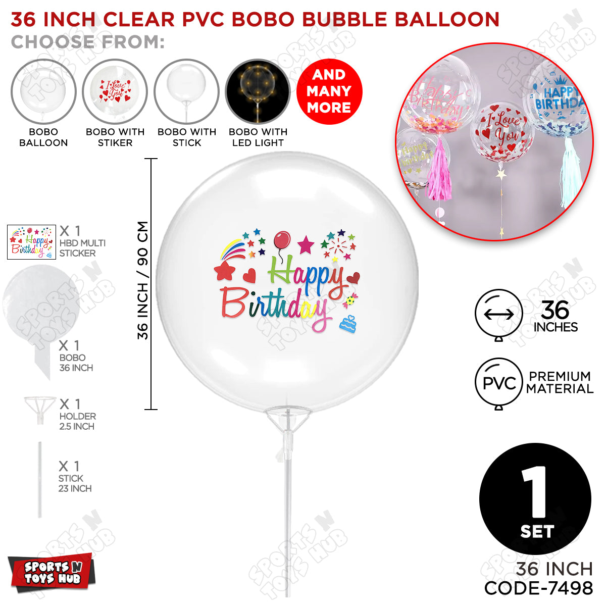 Happy Birthday Multi Color Sticker With Bobo Balloon & Stick