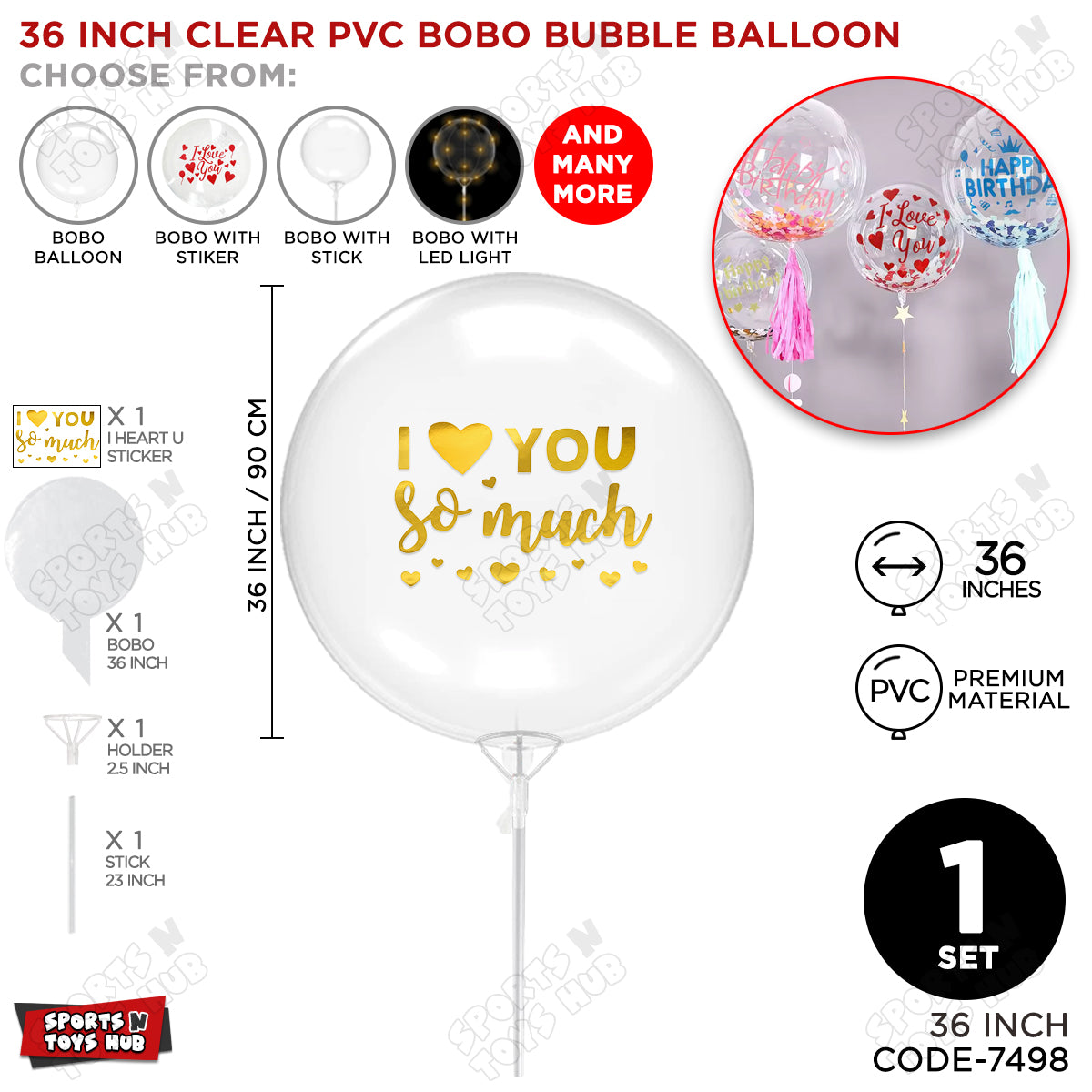 I love You Soo Much Gold Color Sticker With Bobo Balloon & Stick