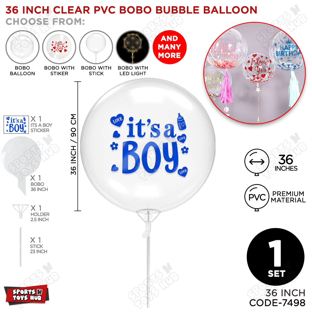 18, 24 & 36 Inch Clear PVC Bobo Bubble Balloons With Stick – Pack of 1, 5 & 10, Transparent Balloon with It’s a Boy Sticker, Baby Shower, Gender Reveal, Baby Boy Announcement & Party Decoration