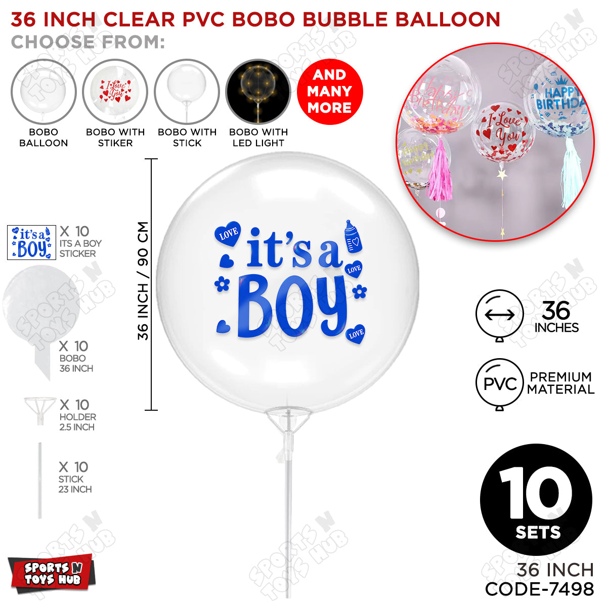 18, 24 & 36 Inch Clear PVC Bobo Bubble Balloons With Stick – Pack of 1, 5 & 10, Transparent Balloon with It’s a Boy Sticker, Baby Shower, Gender Reveal, Baby Boy Announcement & Party Decoration