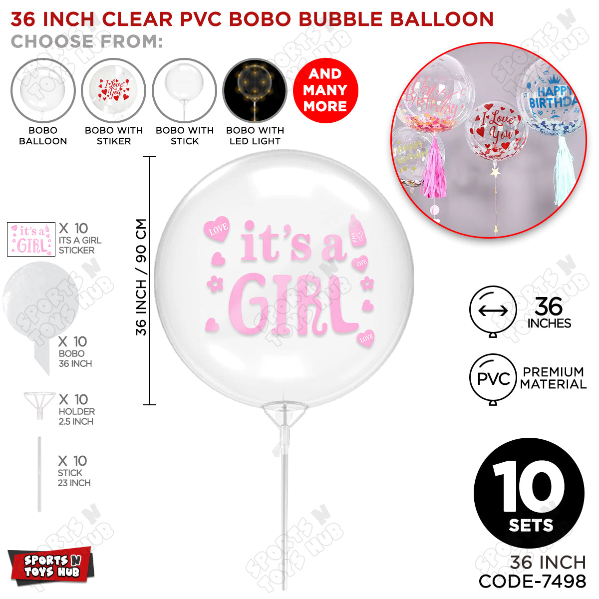 18, 24 & 36 Inch It’s a Girl Bobo Bubble Balloons with Stick – Pack of 1, 5 & 10 Clear Pink Baby Girl Announcement Balloon, Gender Reveal, Baby Shower & Party Decor