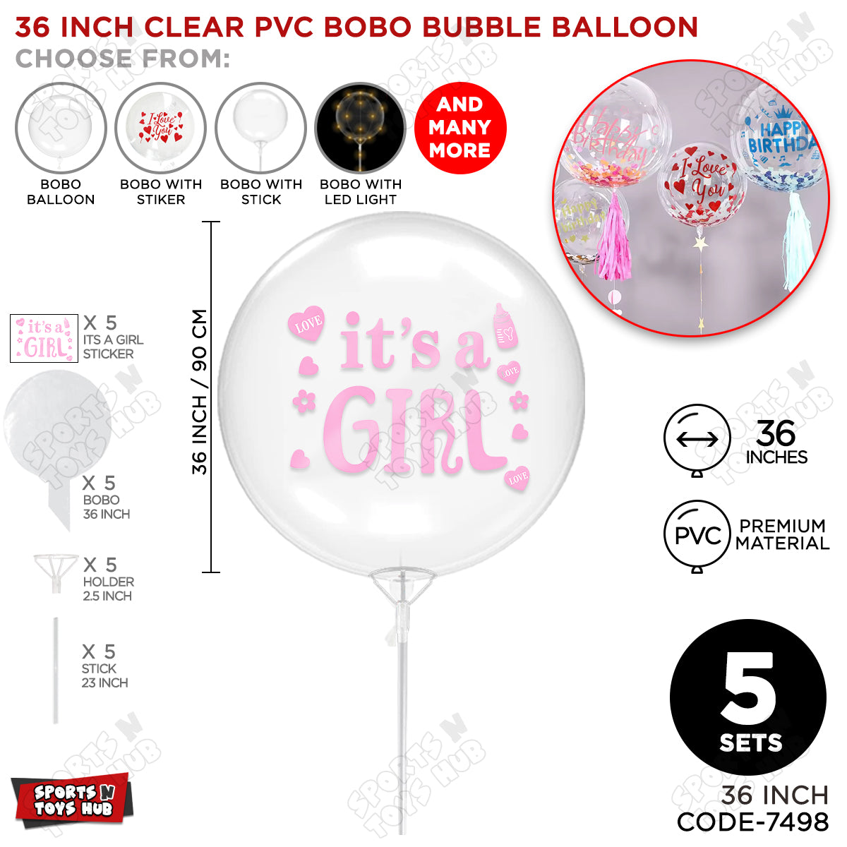 18, 24 & 36 Inch It’s a Girl Bobo Bubble Balloons with Stick – Pack of 1, 5 & 10 Clear Pink Baby Girl Announcement Balloon, Gender Reveal, Baby Shower & Party Decor