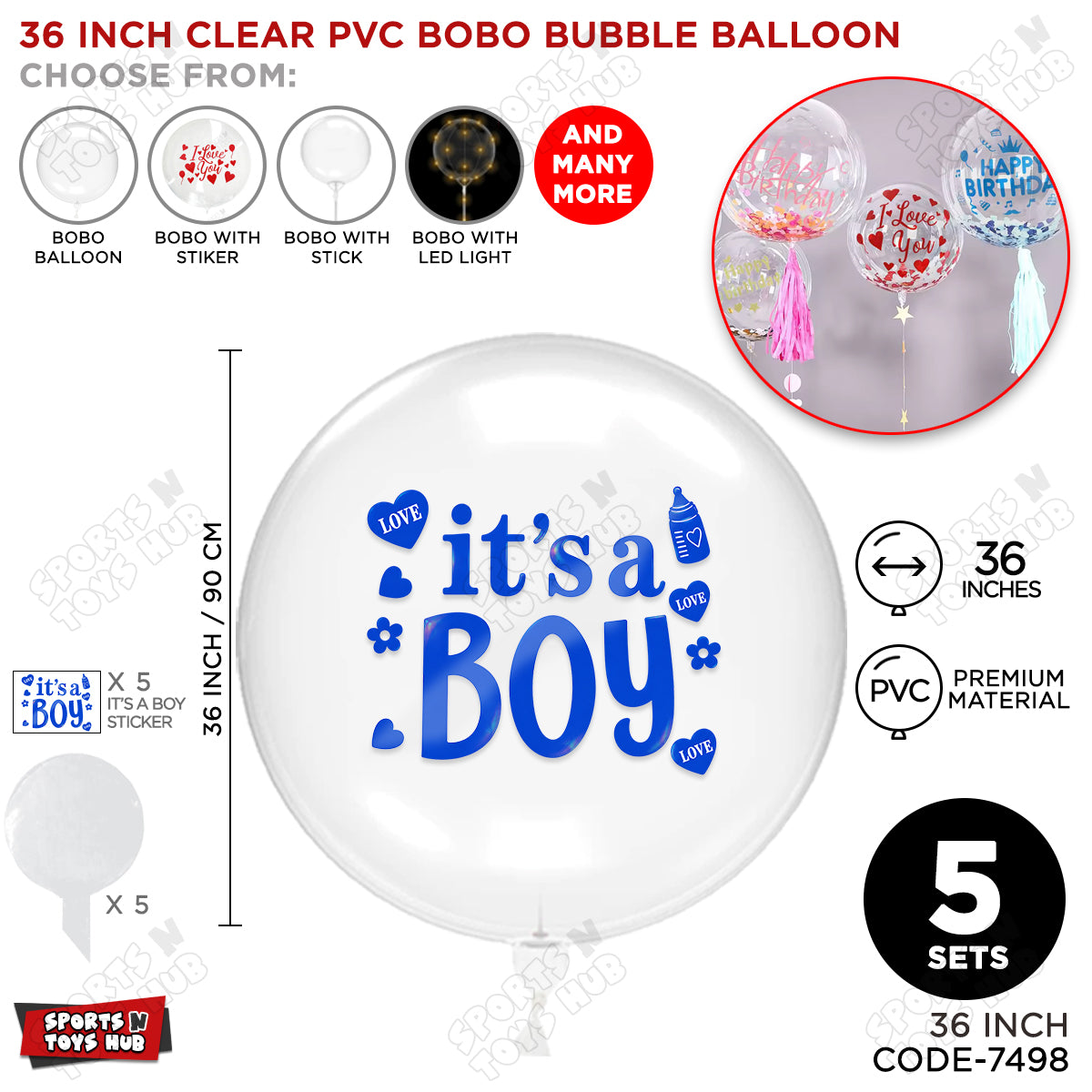 Clear PVC Bobo Bubble Balloon with “It’s a Boy” Sticker – 18, 24 & 36 Inch Sizes, Pack of 1, 5 & 10, Baby Boy Announcement Balloon, Gender Reveal, Baby Shower & Party Decoration