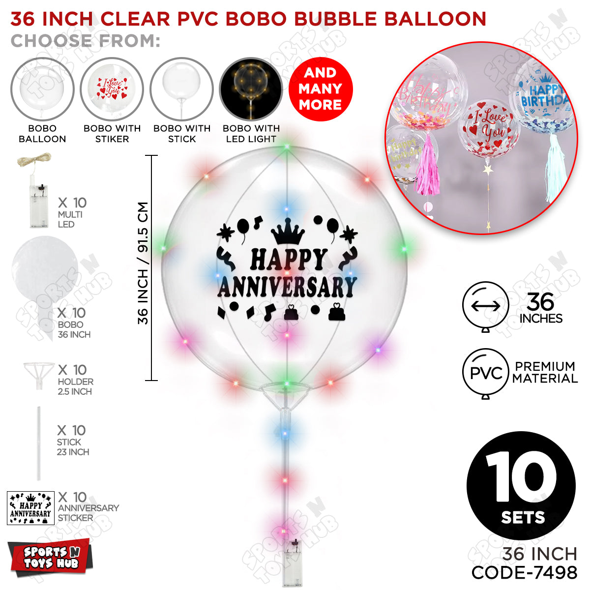 Happy Anniversary Black Color Sticker With BOBO Balloon Stick & LED Light