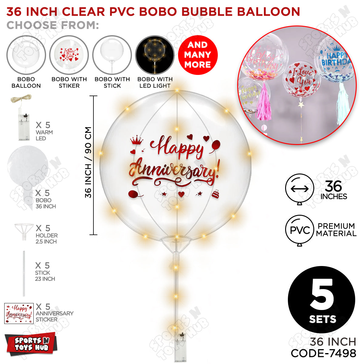 Happy Anniversary Red Color Sticker With BOBO Balloon Stick & LED Light