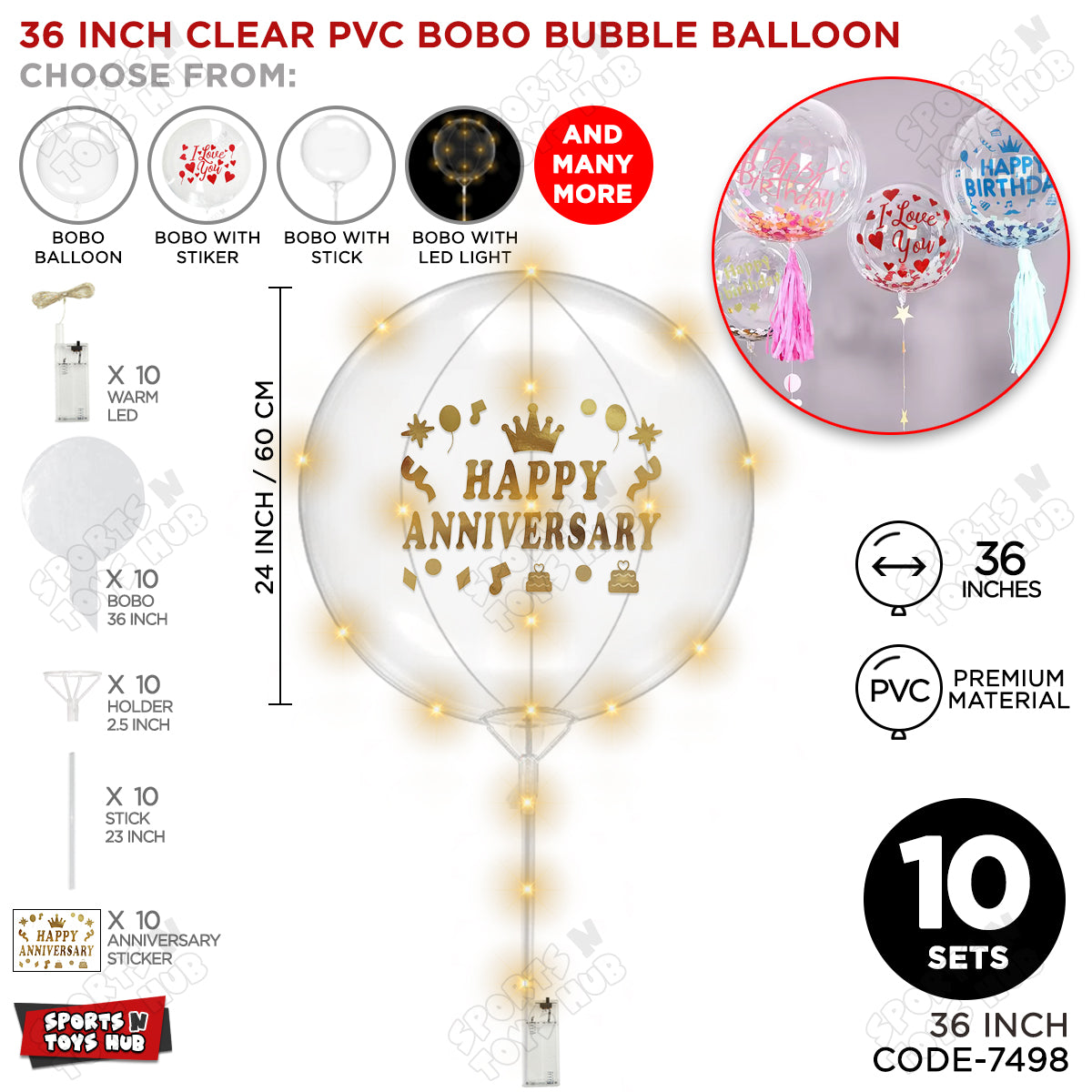 Happy Anniversary Gold Color Sticker With BOBO Balloon Stick & LED Light