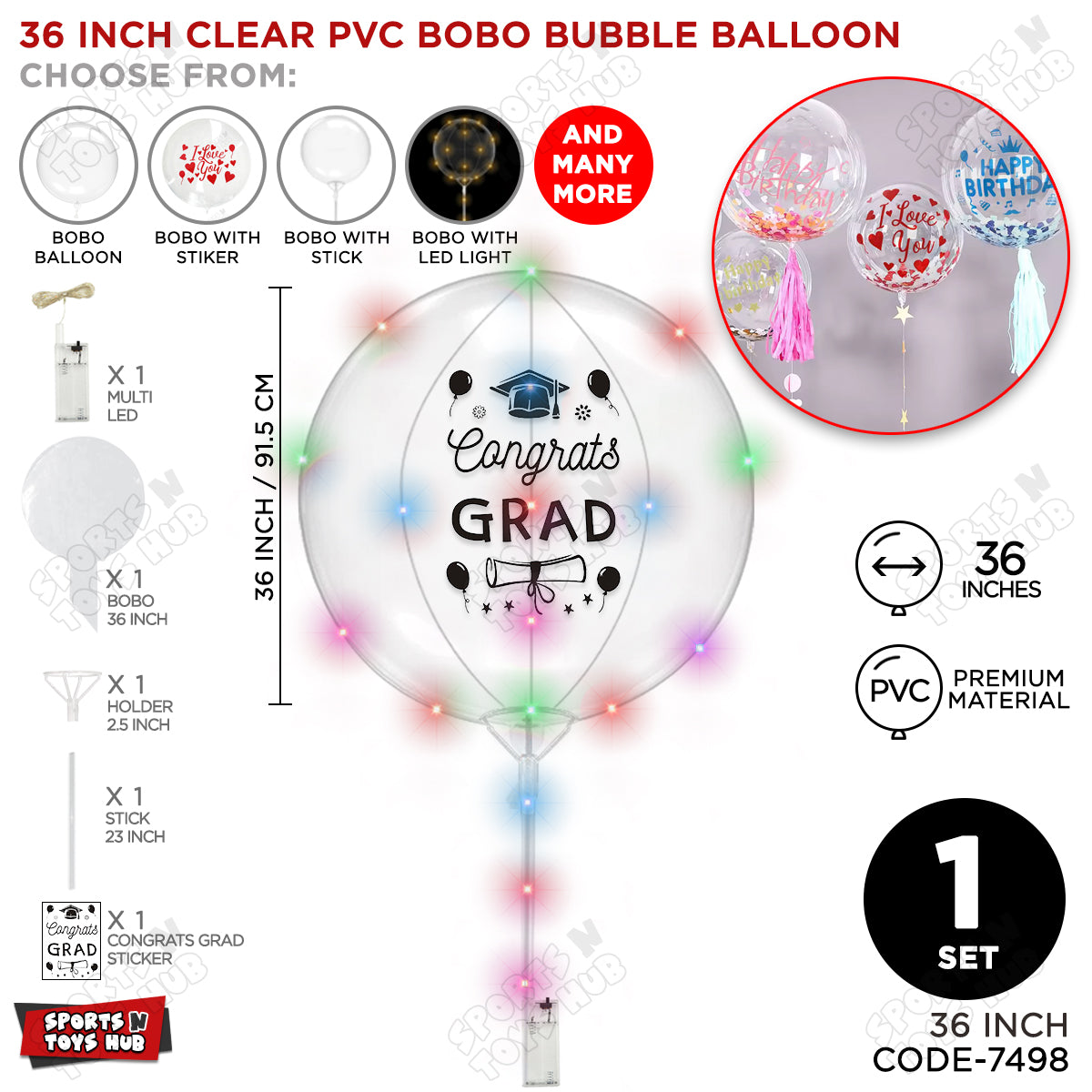 Congrats Grad Black Color Sticker With BOBO Balloon Stick & LED Light