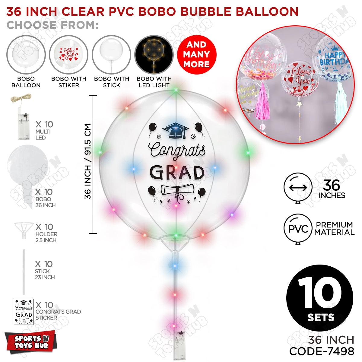 Congrats Grad Black Color Sticker With BOBO Balloon Stick & LED Light