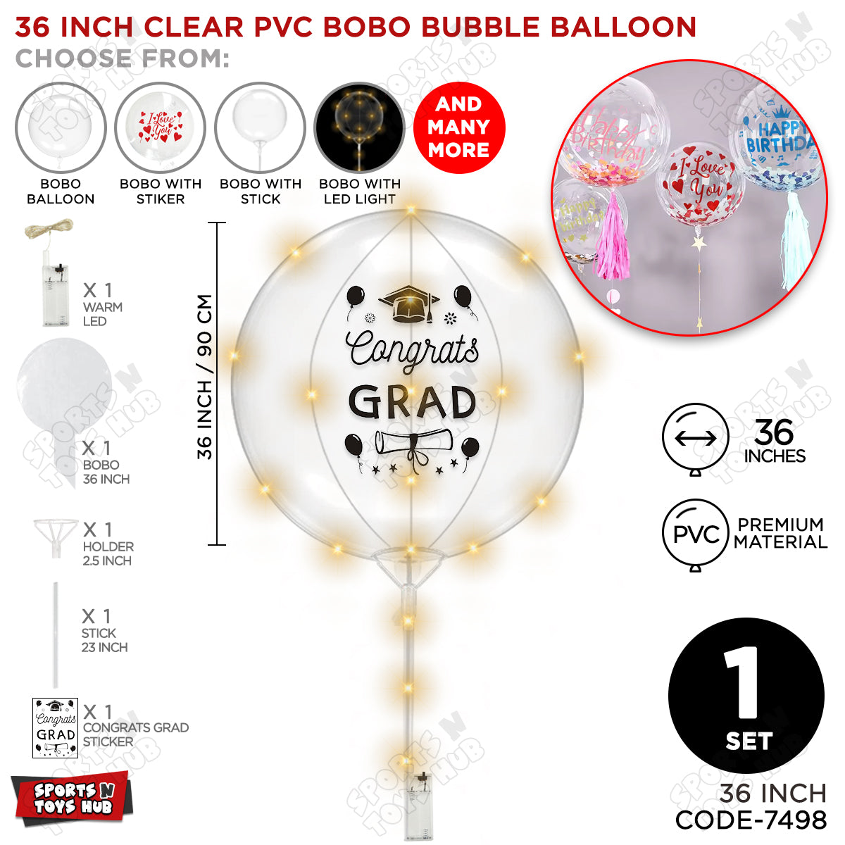 Congrats Grad Black Color Sticker With BOBO Balloon Stick & LED Light