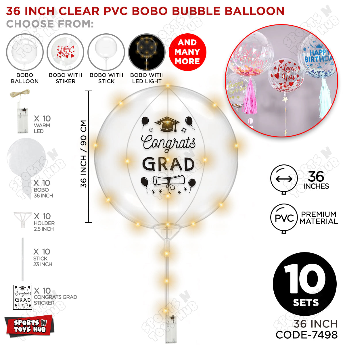 Congrats Grad Black Color Sticker With BOBO Balloon Stick & LED Light