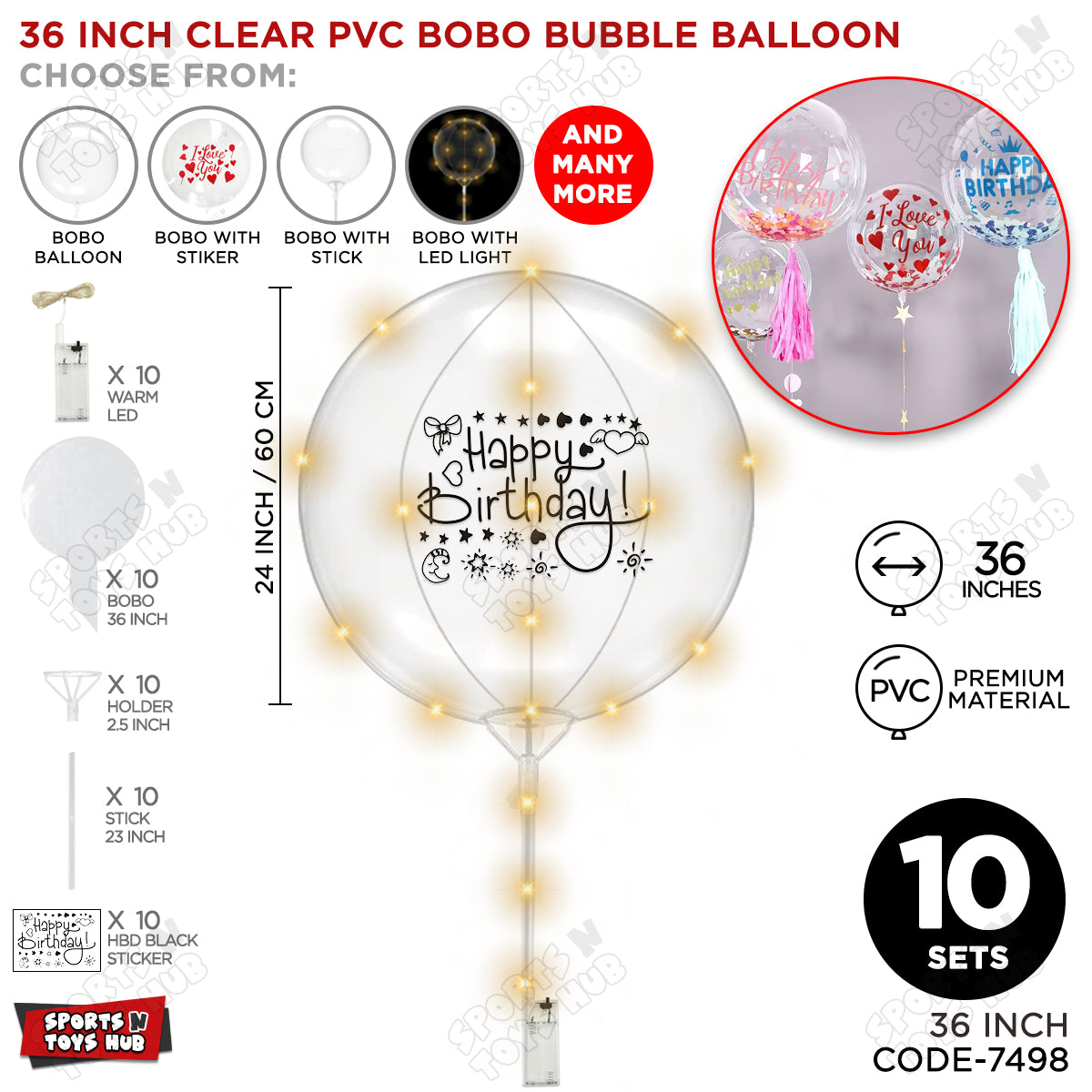 Happy Birthday Black Color Sticker With BOBO Balloon Stick & LED Light