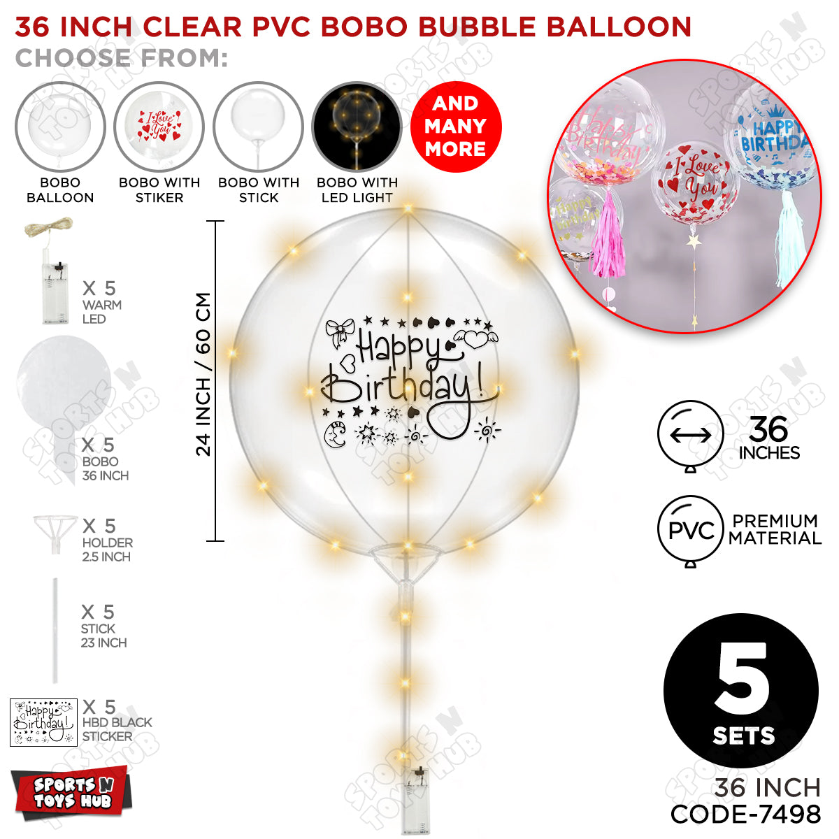 Happy Birthday Black Color Sticker With BOBO Balloon Stick & LED Light