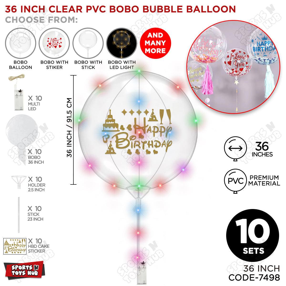 Happy Birthday Gold Color Sticker With BOBO Balloon Stick & LED Light
