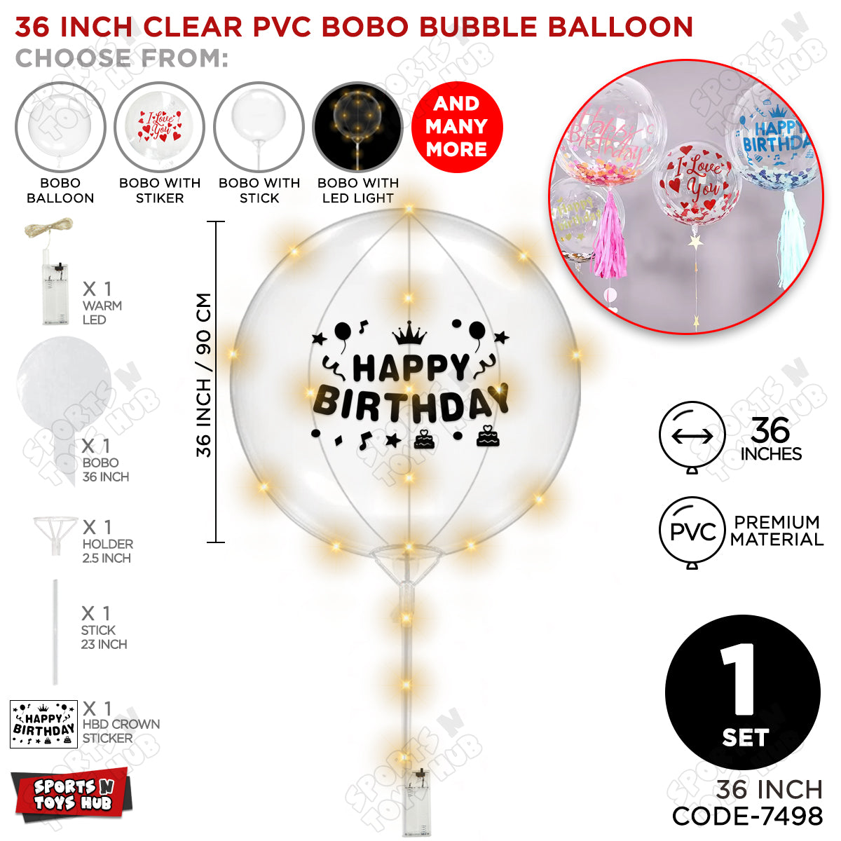 Happy Birthday Black Color Sticker With BOBO Balloon Stick & LED Light