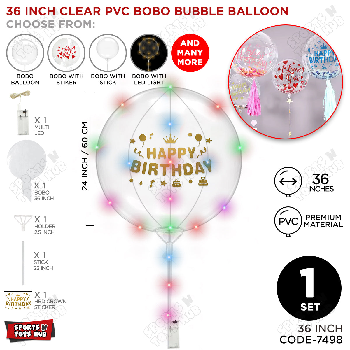Happy Birthday Dull Gold Color Sticker With BOBO Balloon Stick & LED Light
