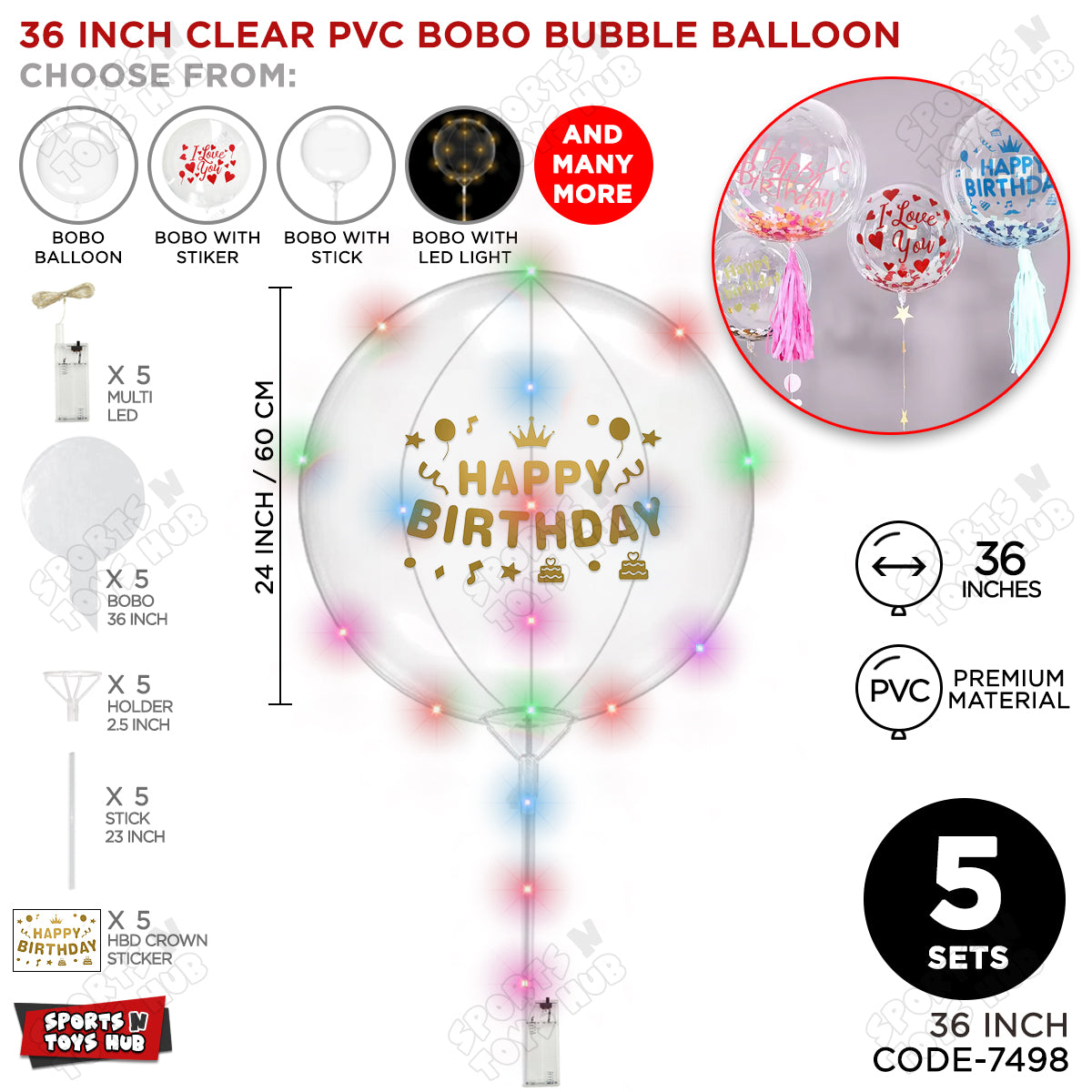 Happy Birthday Dull Gold Color Sticker With BOBO Balloon Stick & LED Light