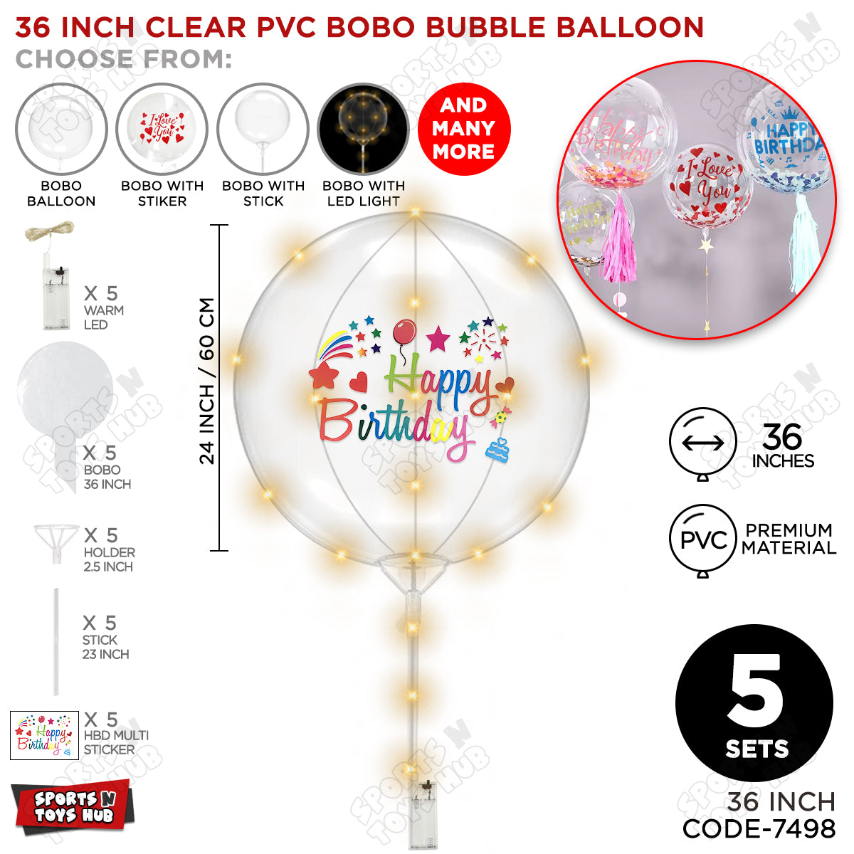 Happy Birthday Multi Color Sticker With BOBO Balloon Stick & LED Light