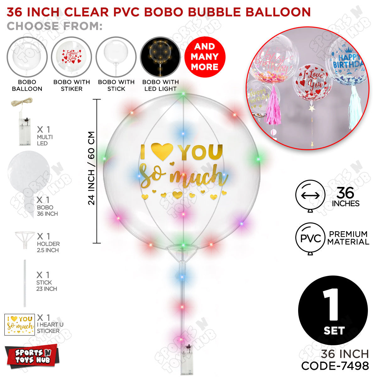 I Love You So Much Gold Color Sticker With BOBO Balloon Stick & LED Light