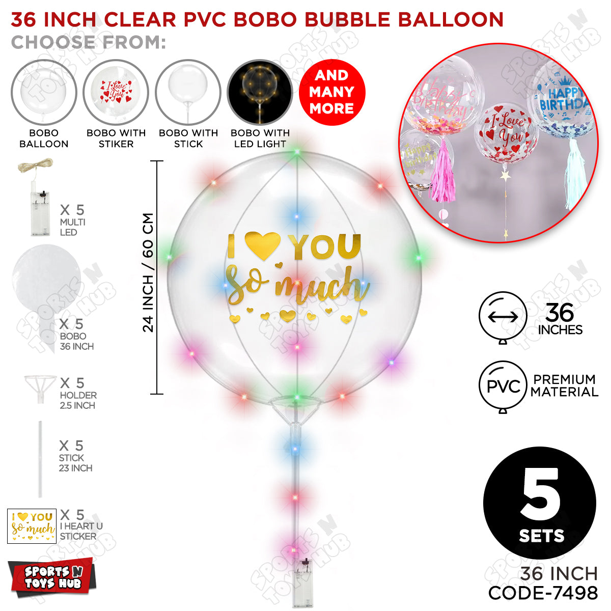 I Love You So Much Gold Color Sticker With BOBO Balloon Stick & LED Light