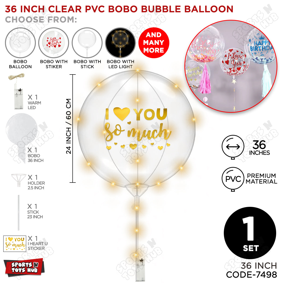 I Love You So Much Gold Color Sticker With BOBO Balloon Stick & LED Light
