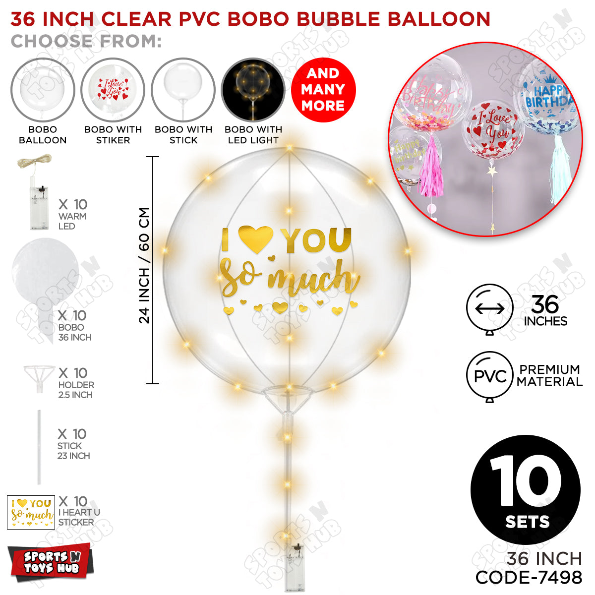I Love You So Much Gold Color Sticker With BOBO Balloon Stick & LED Light