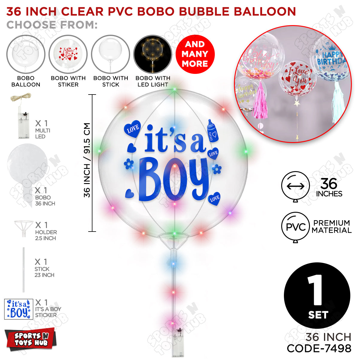 18, 24 & 36 Inch It’s a Boy Blue Bobo Bubble Balloon with Stick & LED Light – Pack of 1, 5 & 10 Baby Boy Announcement Balloon, Gender Reveal, Baby Shower Decoration, Party Decor & Photo Booth