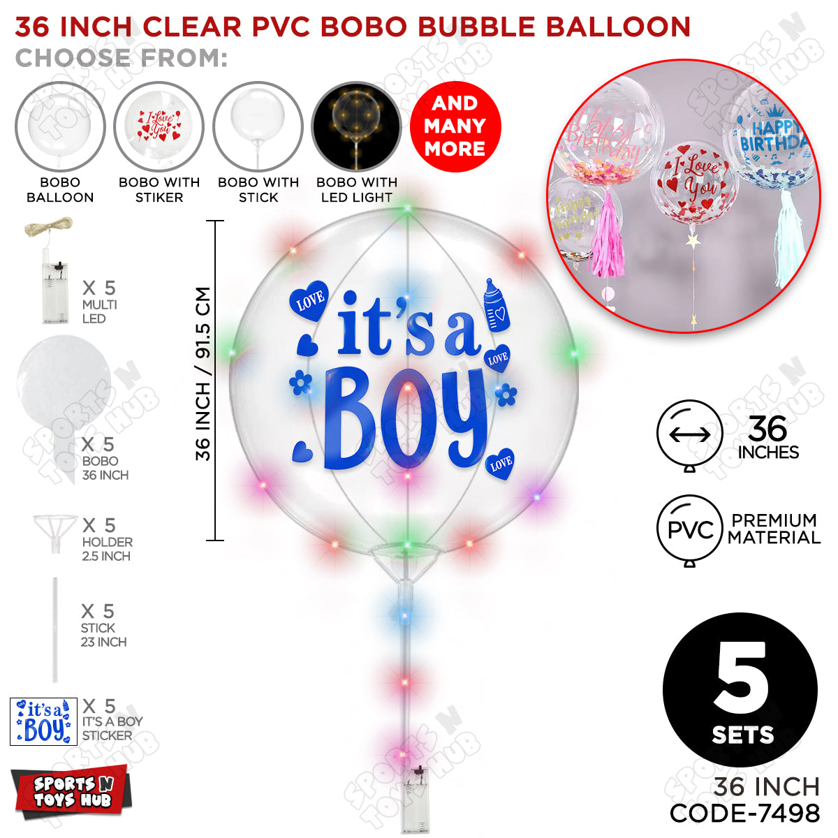 18, 24 & 36 Inch It’s a Boy Blue Bobo Bubble Balloon with Stick & LED Light – Pack of 1, 5 & 10 Baby Boy Announcement Balloon, Gender Reveal, Baby Shower Decoration, Party Decor & Photo Booth