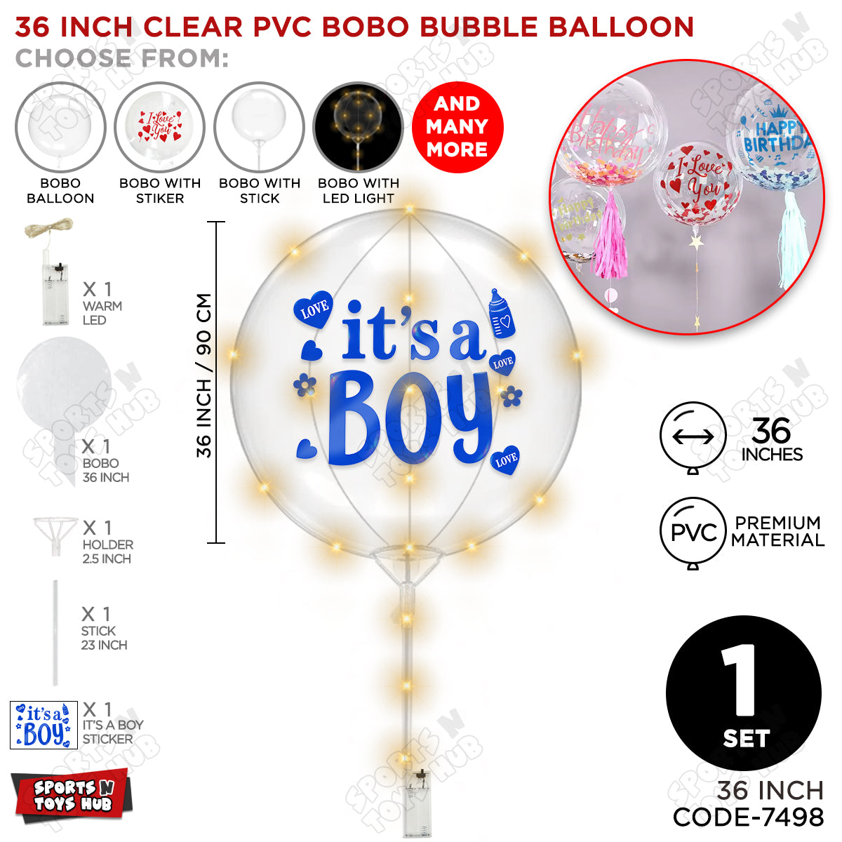 18, 24 & 36 Inch It’s a Boy Blue Bobo Bubble Balloon with Stick & LED Light – Pack of 1, 5 & 10 Baby Boy Announcement Balloon, Gender Reveal, Baby Shower Decoration, Party Decor & Photo Booth