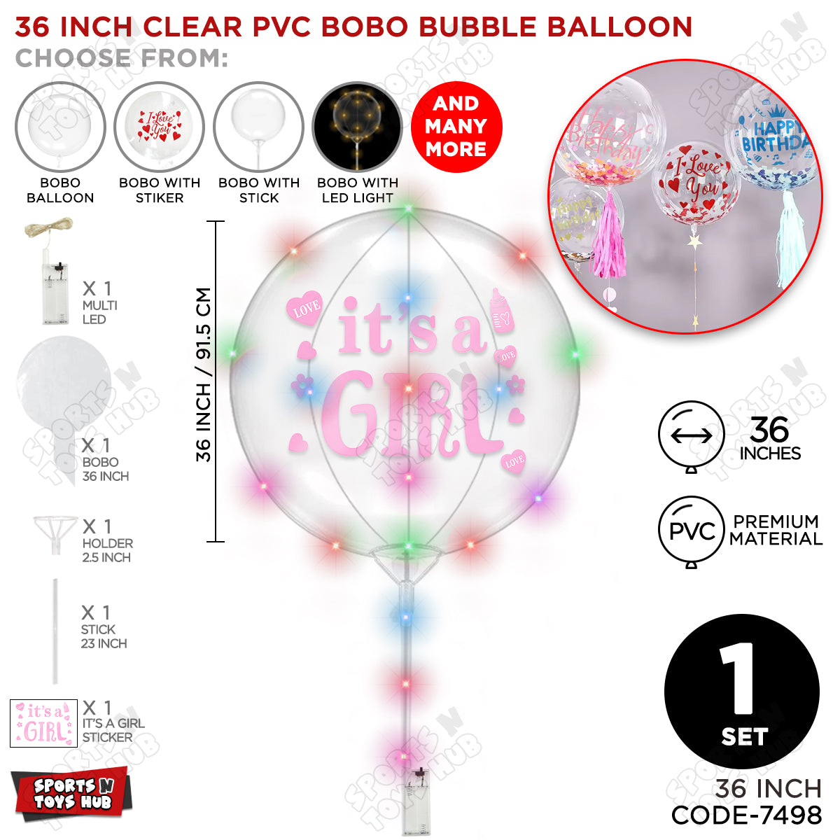 18, 24 & 36 Inch It’s a Girl Pink Bobo Bubble Balloon with Stick & LED Light – Pack of 1, 5 & 10 Baby Girl Announcement Balloon, Gender Reveal, Baby Shower Decoration, Pink Party Decor & Photo Booth