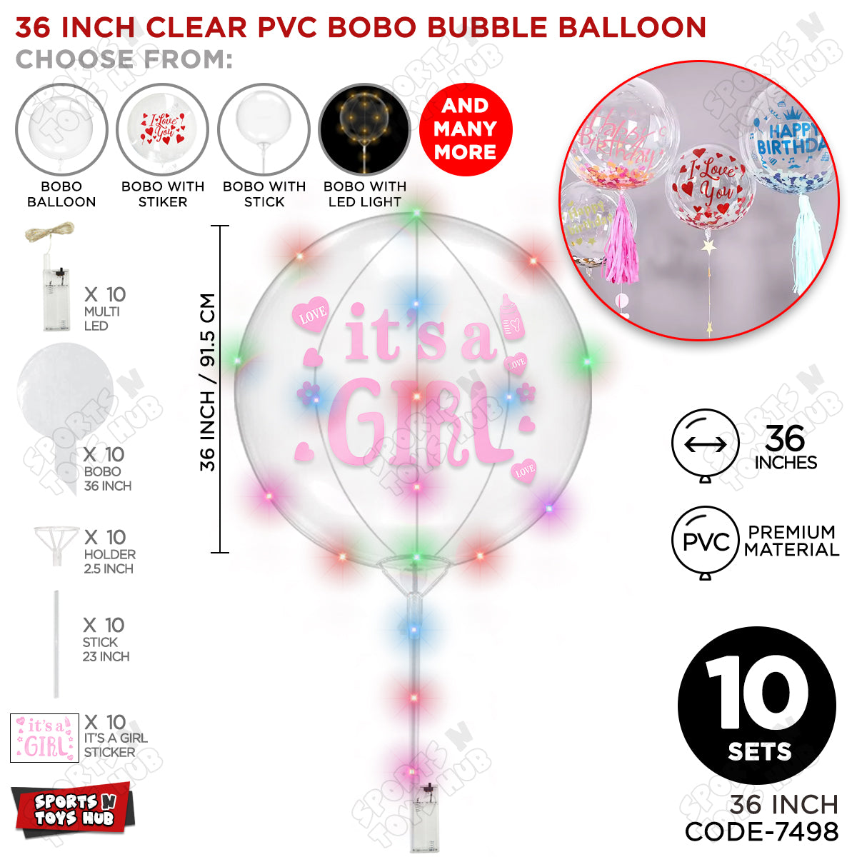 18, 24 & 36 Inch It’s a Girl Pink Bobo Bubble Balloon with Stick & LED Light – Pack of 1, 5 & 10 Baby Girl Announcement Balloon, Gender Reveal, Baby Shower Decoration, Pink Party Decor & Photo Booth