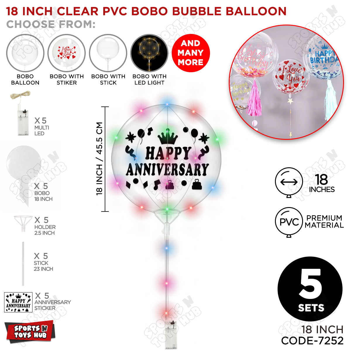 Happy Anniversary Black Color Sticker With BOBO Balloon Stick & LED Light
