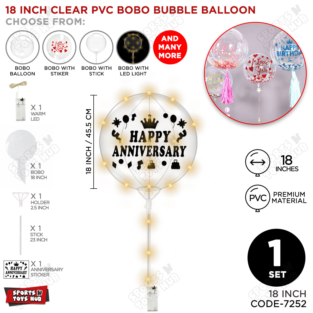 Happy Anniversary Black Color Sticker With BOBO Balloon Stick & LED Light