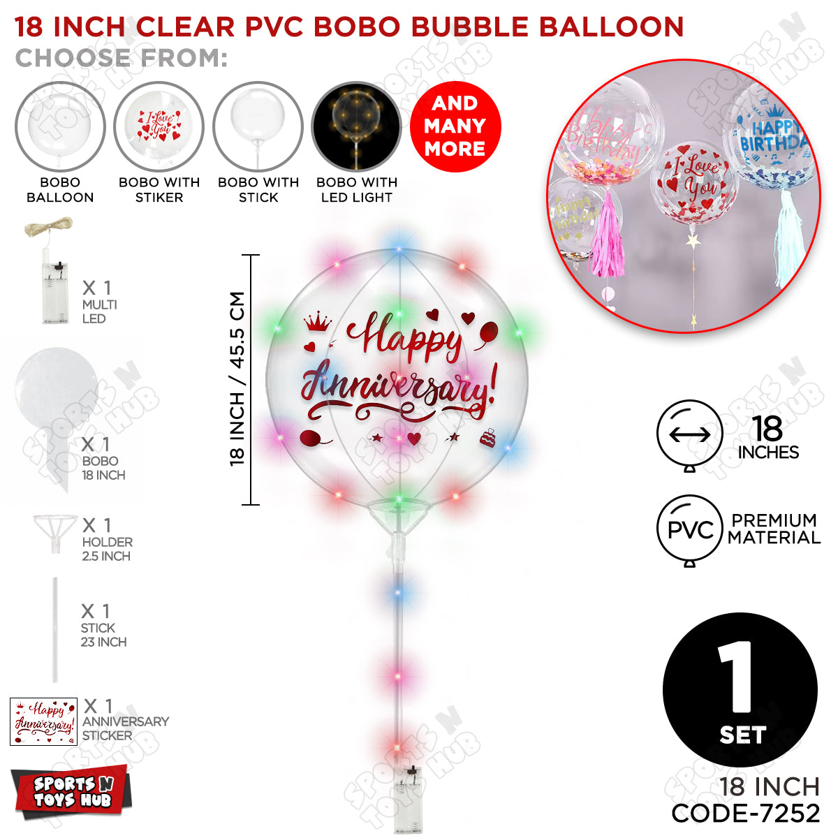 Happy Anniversary Red Color Sticker With BOBO Balloon Stick & LED Light