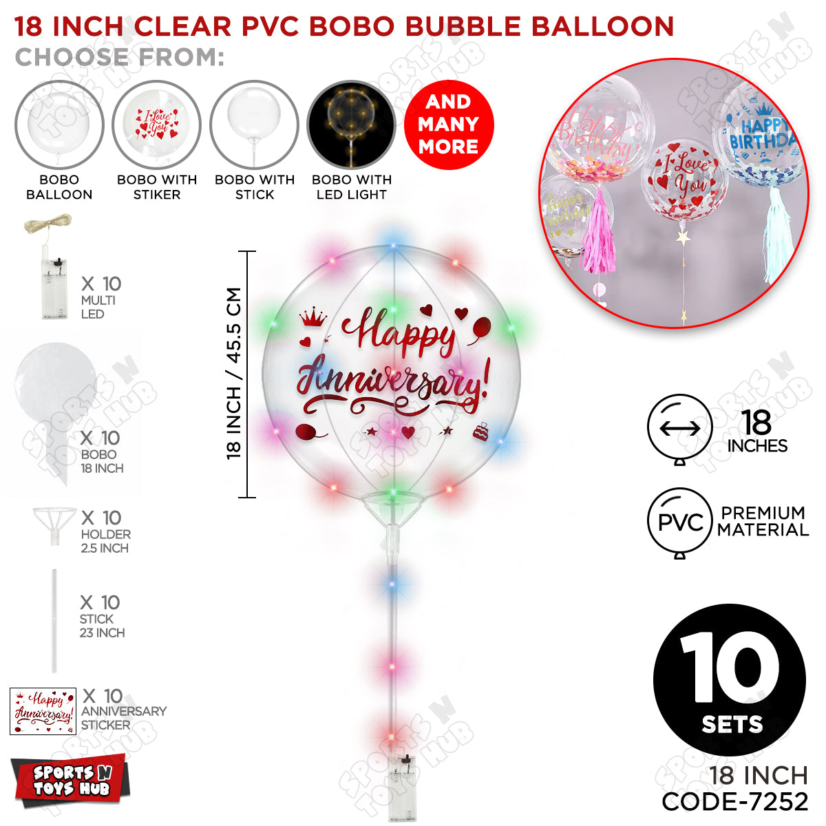 Happy Anniversary Red Color Sticker With BOBO Balloon Stick & LED Light