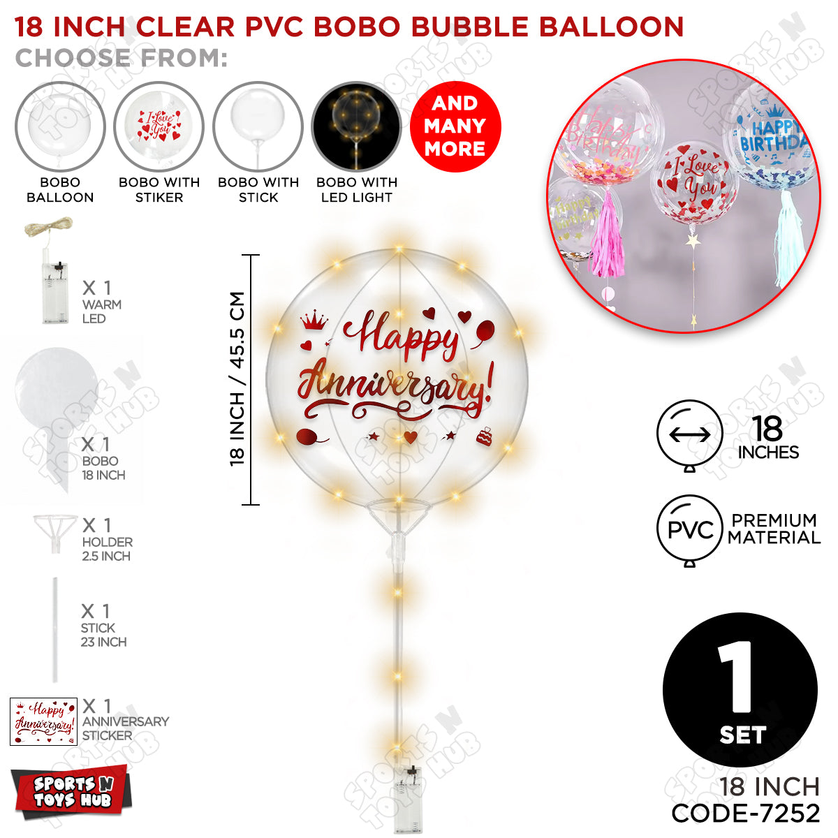 Happy Anniversary Red Color Sticker With BOBO Balloon Stick & LED Light