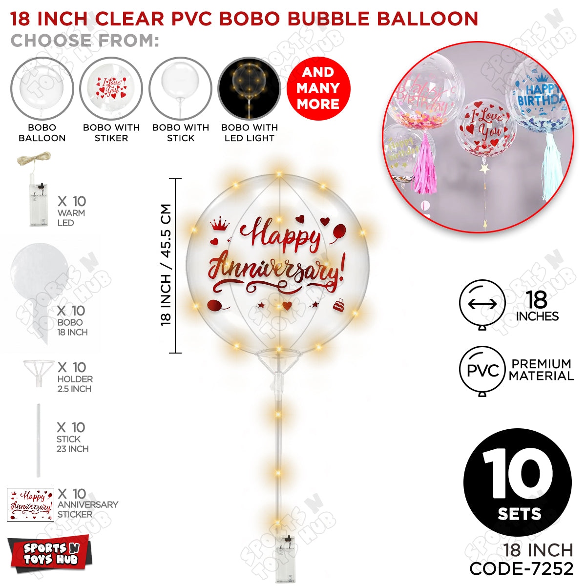 Happy Anniversary Red Color Sticker With BOBO Balloon Stick & LED Light