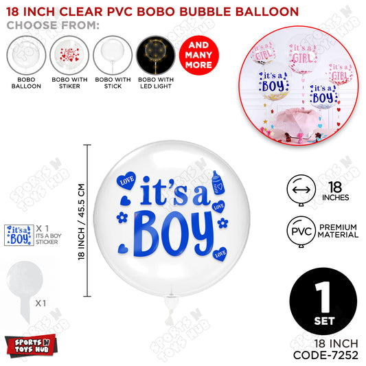 Clear PVC Bobo Bubble Balloon with “It’s a Boy” Sticker – 18, 24 & 36 Inch Sizes, Pack of 1, 5 & 10, Baby Boy Announcement Balloon, Gender Reveal, Baby Shower & Party Decoration