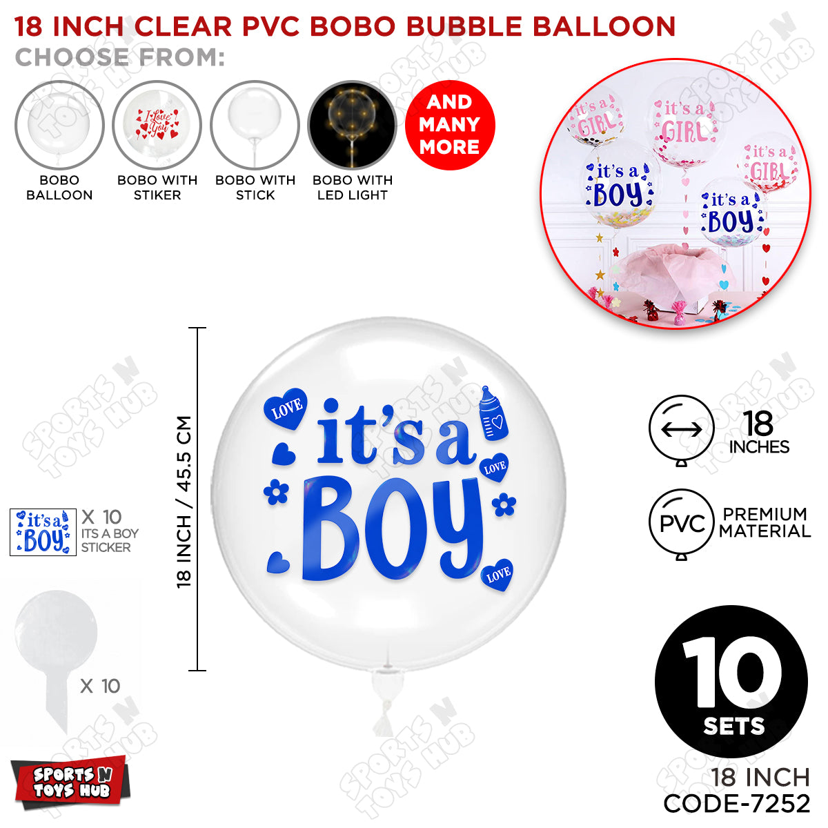 Clear PVC Bobo Bubble Balloon with “It’s a Boy” Sticker – 18, 24 & 36 Inch Sizes, Pack of 1, 5 & 10, Baby Boy Announcement Balloon, Gender Reveal, Baby Shower & Party Decoration