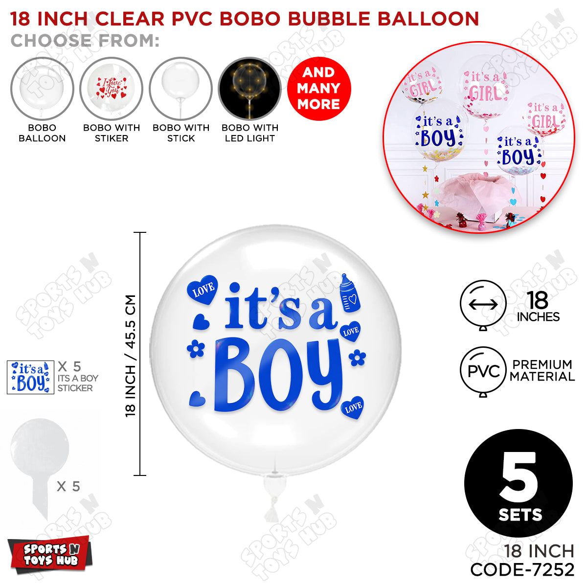 Clear PVC Bobo Bubble Balloon with “It’s a Boy” Sticker – 18, 24 & 36 Inch Sizes, Pack of 1, 5 & 10, Baby Boy Announcement Balloon, Gender Reveal, Baby Shower & Party Decoration