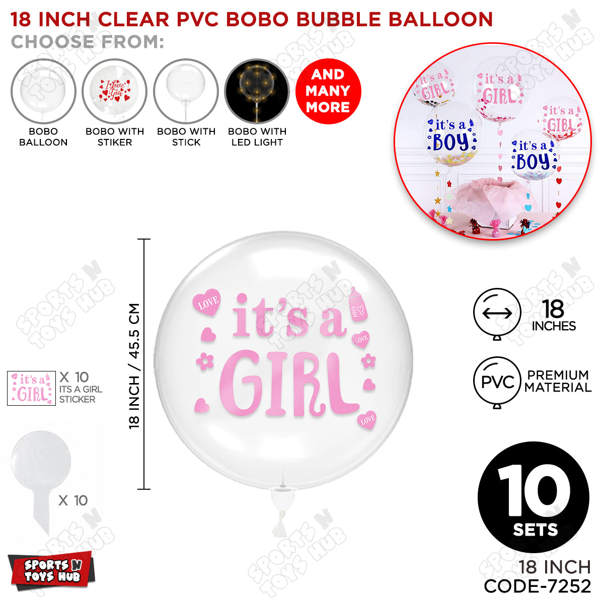 18, 24 & 36 Inch Clear PVC Bobo Bubble Balloon with “It’s a Girl” Pink Sticker – Pack of 1, 5 & 10 Baby Girl Announcement Balloon, Gender Reveal, Baby Shower Decoration, Pink Party Decor & Photo Booth