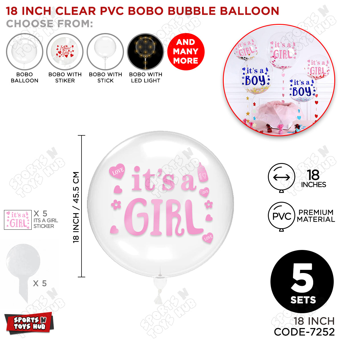 18, 24 & 36 Inch Clear PVC Bobo Bubble Balloon with “It’s a Girl” Pink Sticker – Pack of 1, 5 & 10 Baby Girl Announcement Balloon, Gender Reveal, Baby Shower Decoration, Pink Party Decor & Photo Booth